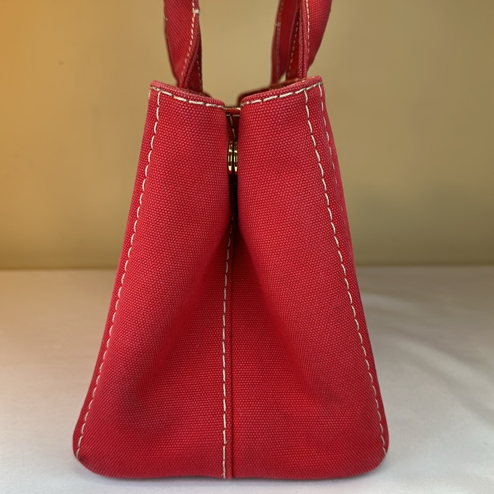Prada Canapa Red Denim Canvas Snap Sides, Adjustable Removable Strap, Auth Cards - Picture 9 of 16